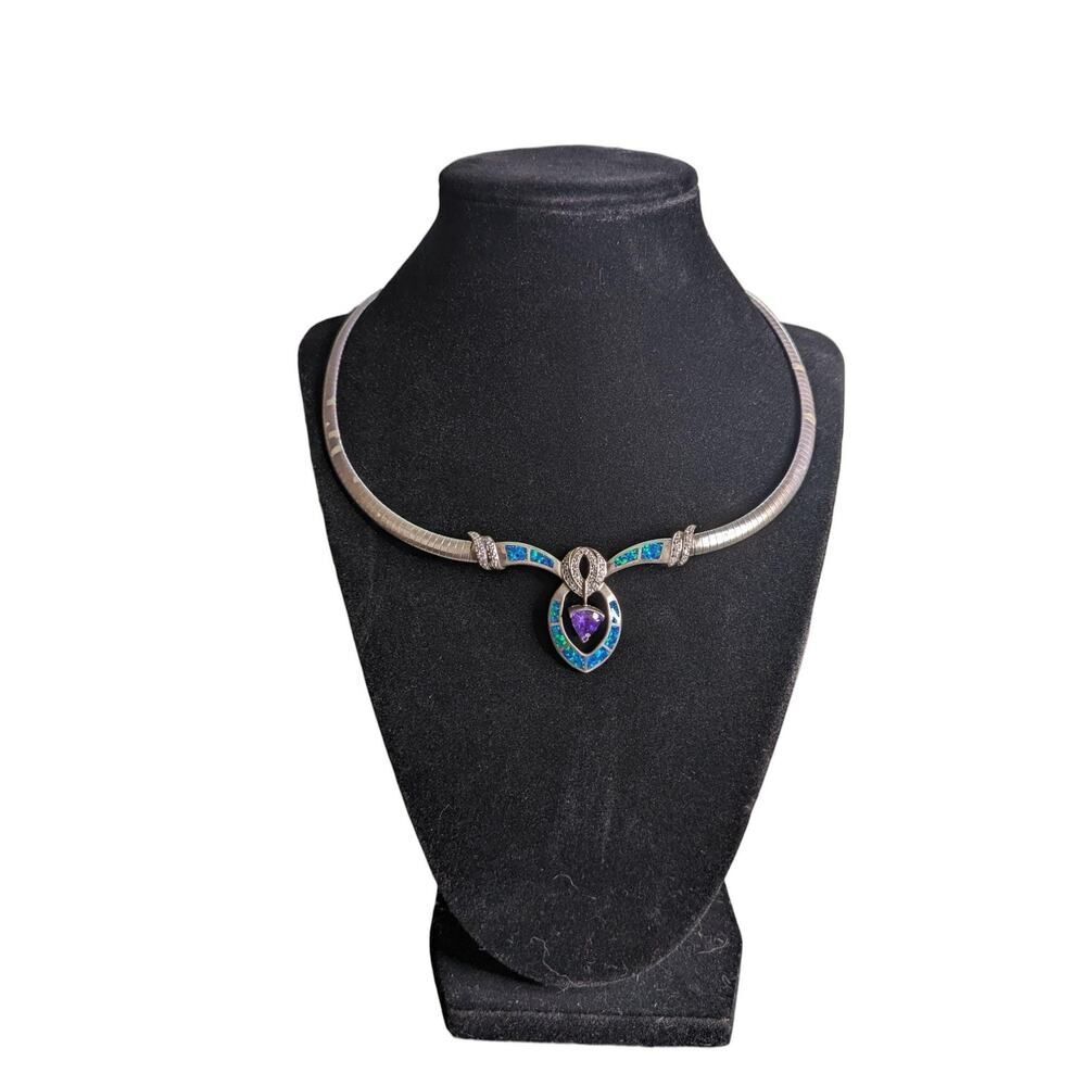 Vintage Sterling Silver Amethyst Opal & Zirconia Choker Necklace 925 Estate